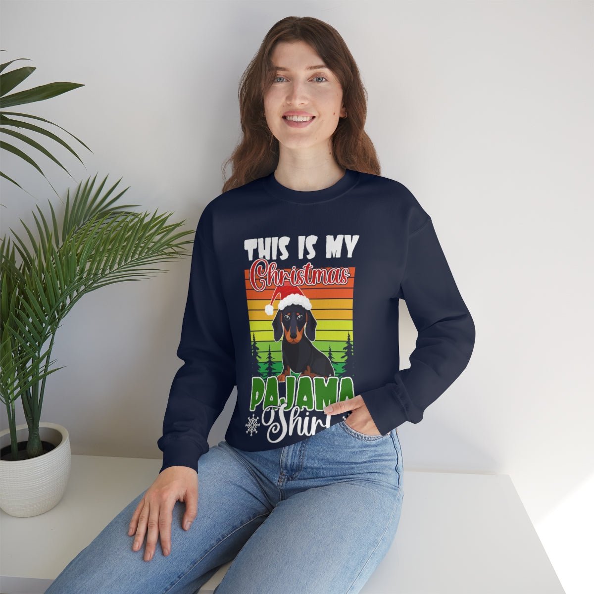 Dachshund christmas sweatshirt Navy model wearing