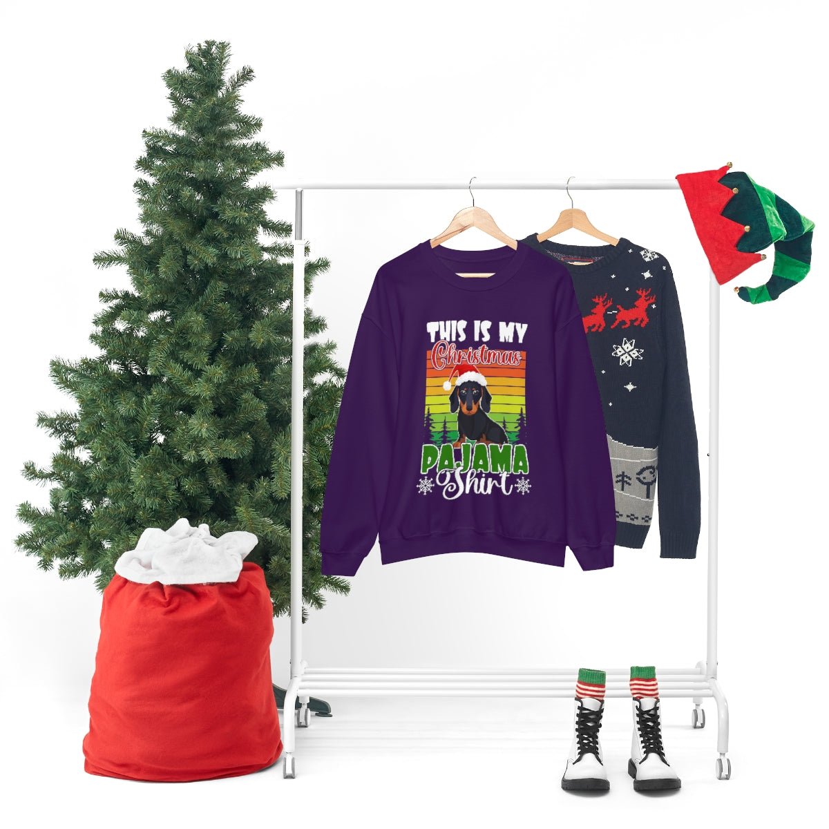 Dachshund christmas sweatshirt Purple mock up rack with other items