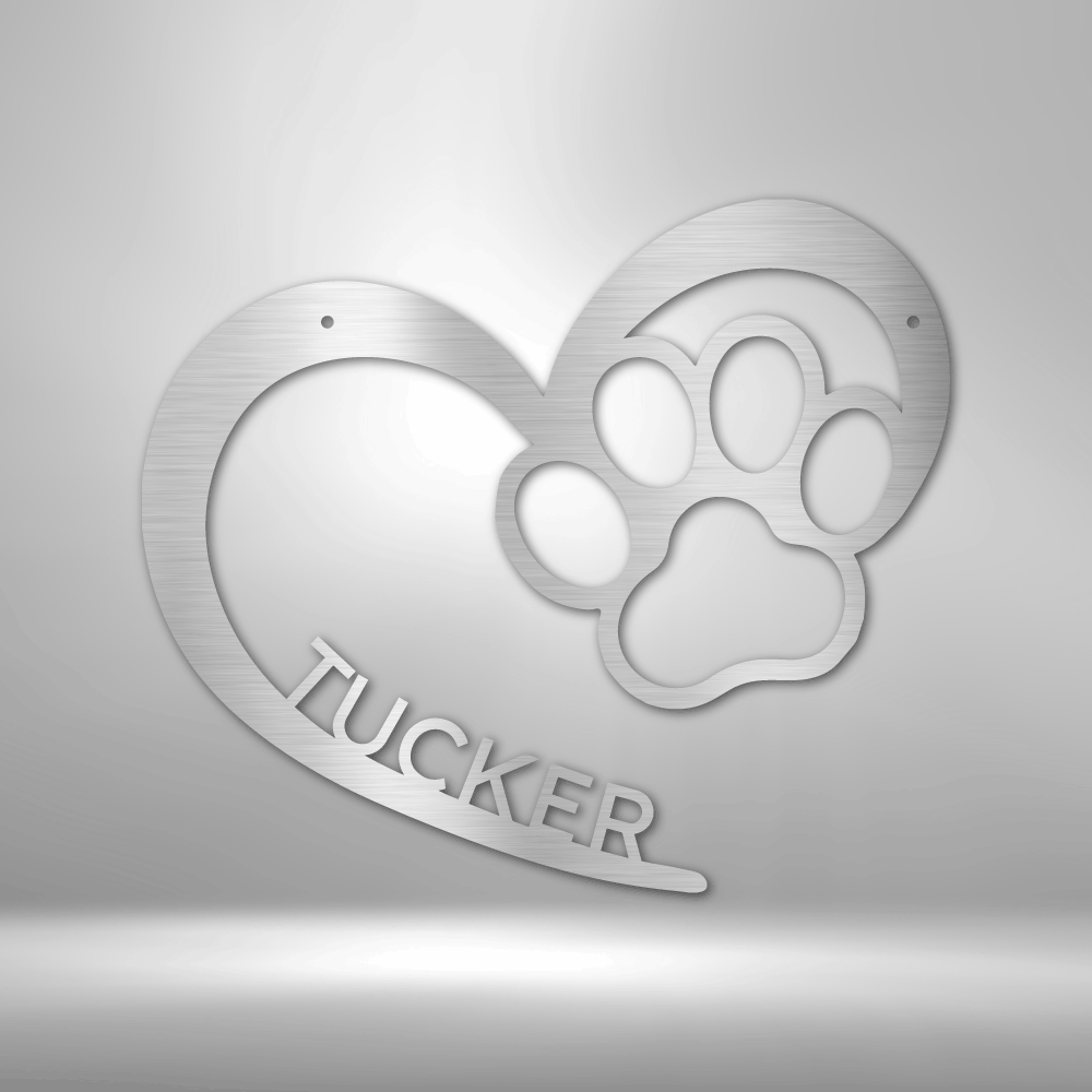 Heart Paw Print Personalized Steel Sign for Dog Lovers 12" Silver