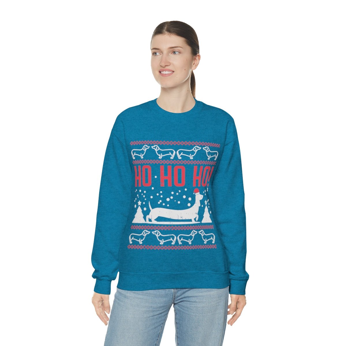 Ho Ho Ho Dachshund Christmas Sweatshirt with model wearing