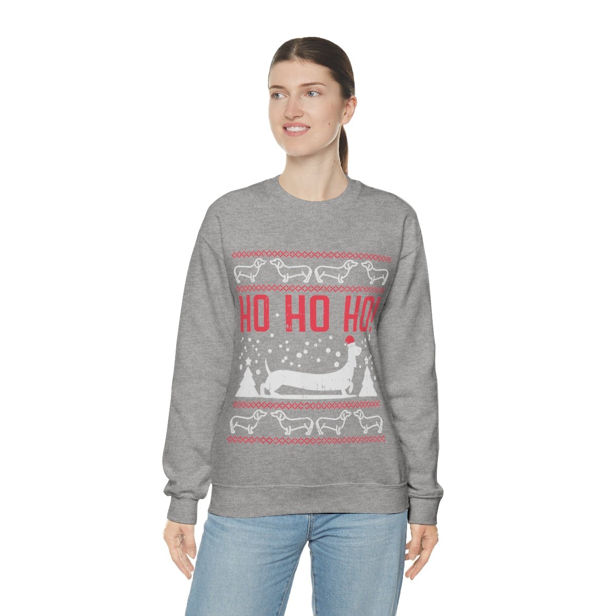 Ho Ho Ho Dachshund Christmas Sweatshirt with model wearing