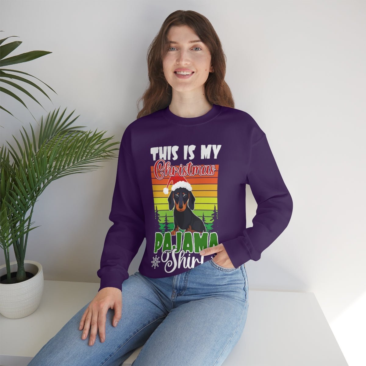 Dachshund christmas sweatshirt Purple model wearing