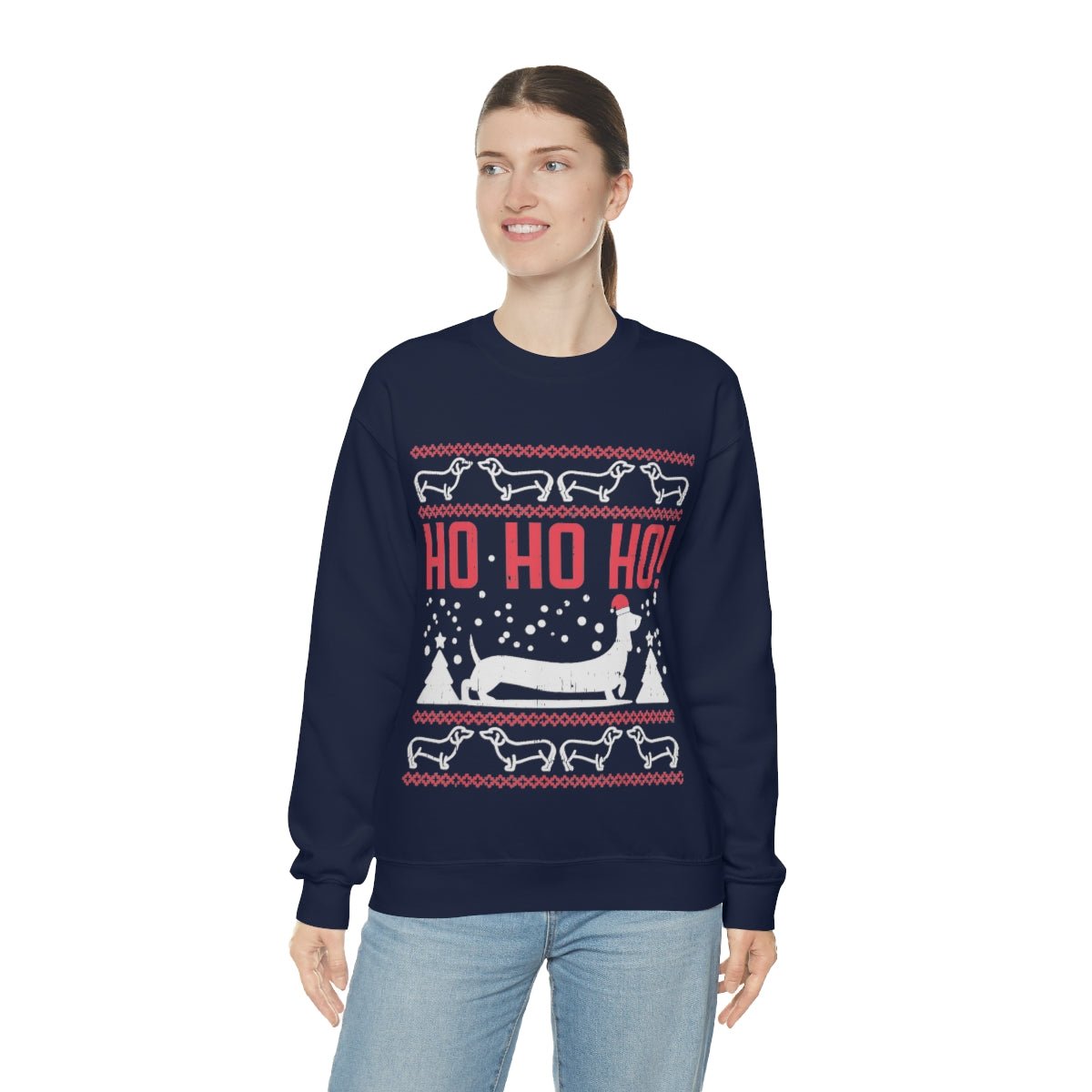 Ho Ho Ho Dachshund Christmas Sweatshirt with model wearing