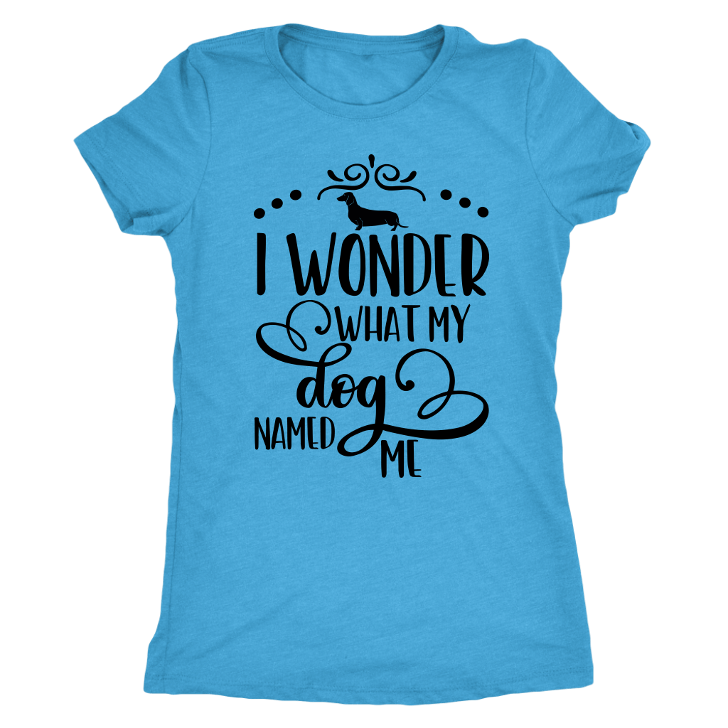 Dachshund t-shirt I wonder what my dog named me funny shirt for dog lovers Vintage Turquoise
