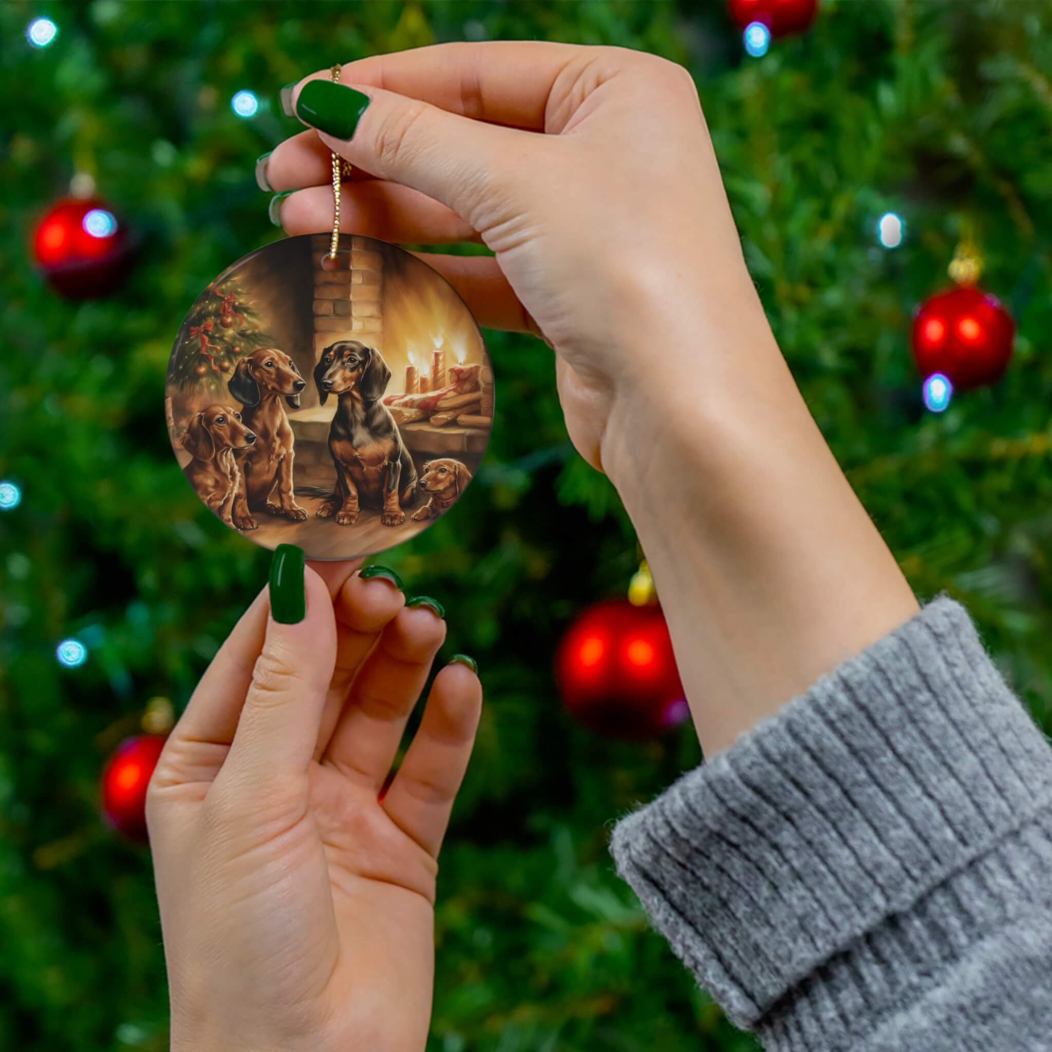 a family of dachshunds sitting around a christmas fireplace printed on a ceramic christmas ornament