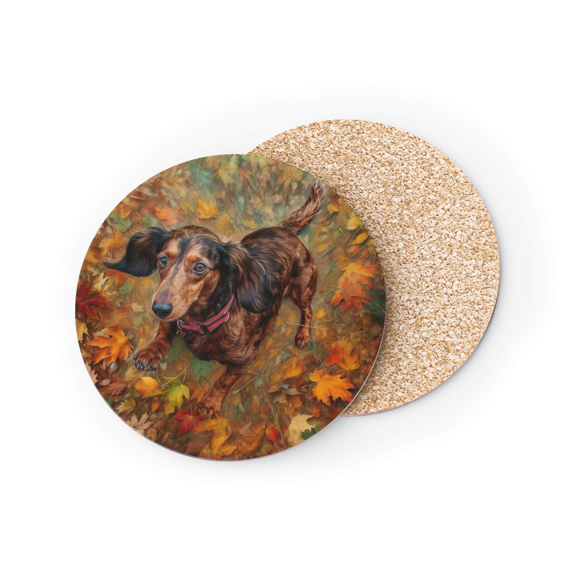 Colorful dachshund playing in a pile of autumn leaves printed on a drink coaster