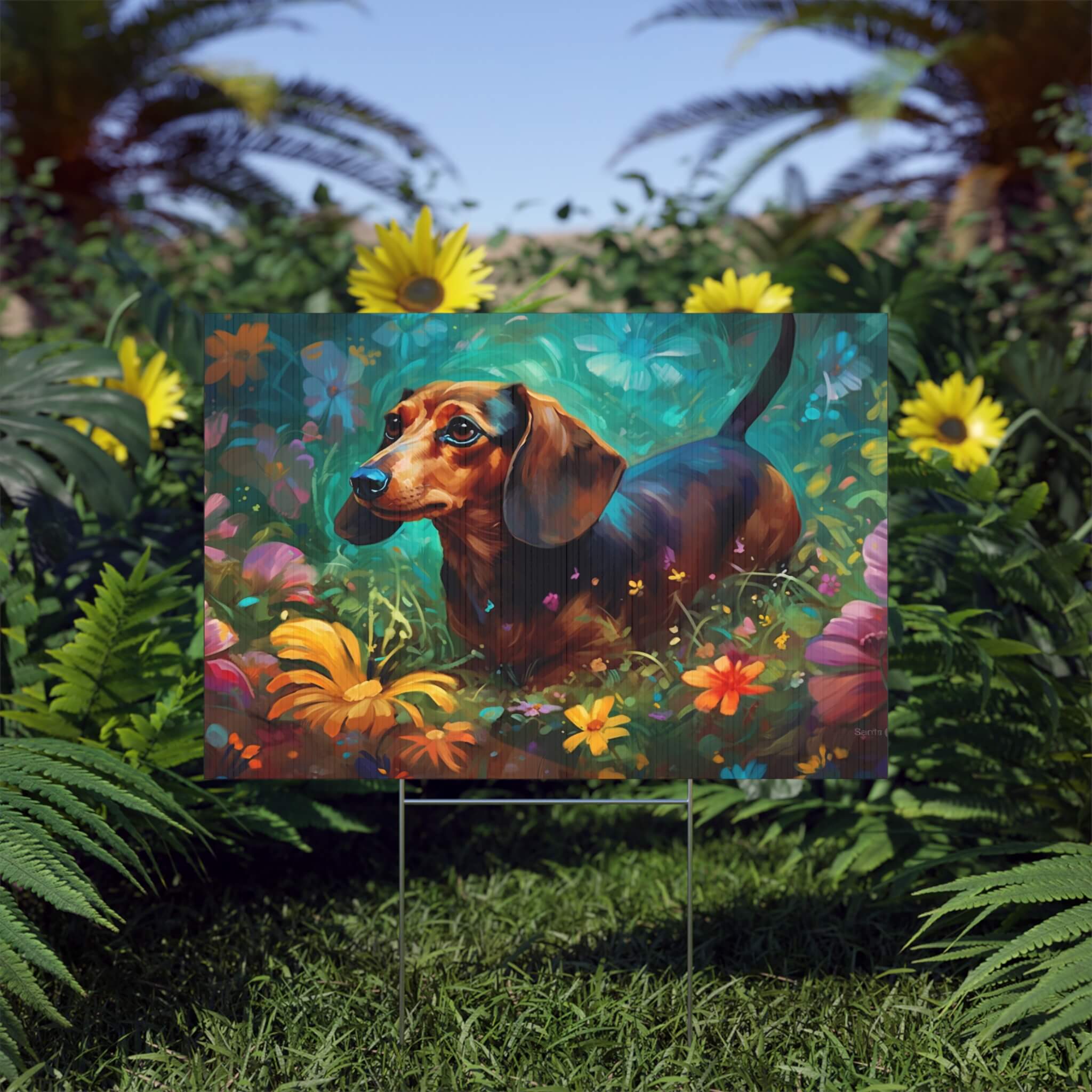 Dachshund in a lush flower garden printed on a plastic garden sign