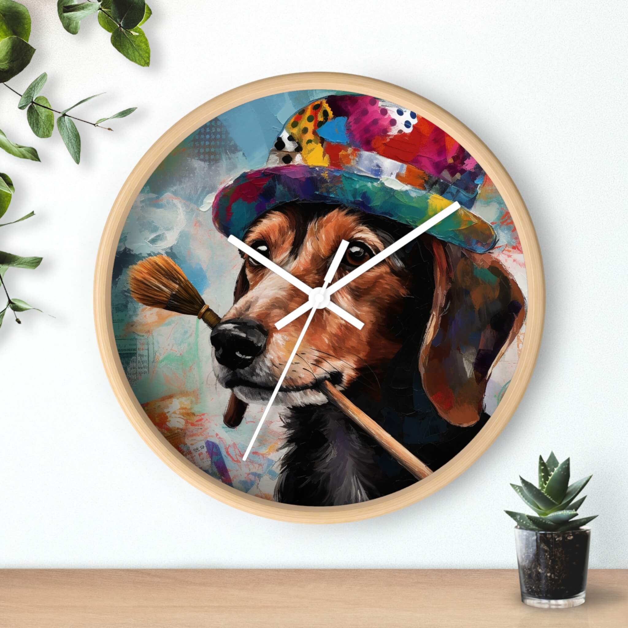 a vibrant colorful dachshund artist with a paintbrush printed on a wall clock
