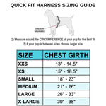 Quick Fitting Comfortable Dog Harness for dachshunds and small dog breeds sizing chart