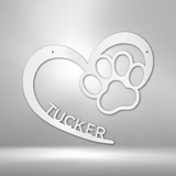 Heart Paw Print Personalized Steel Sign for Dog Lovers 12" White