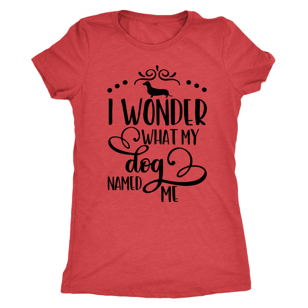 Dachshund t-shirt I wonder what my dog named me funny shirt for dog lovers Vintage Red